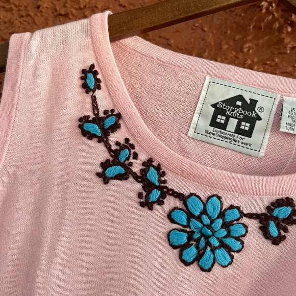 Storybook Knits Artisan Tank Top Sweater Vest Size Small Embroidered Pink Blue - Picture 3 of 4